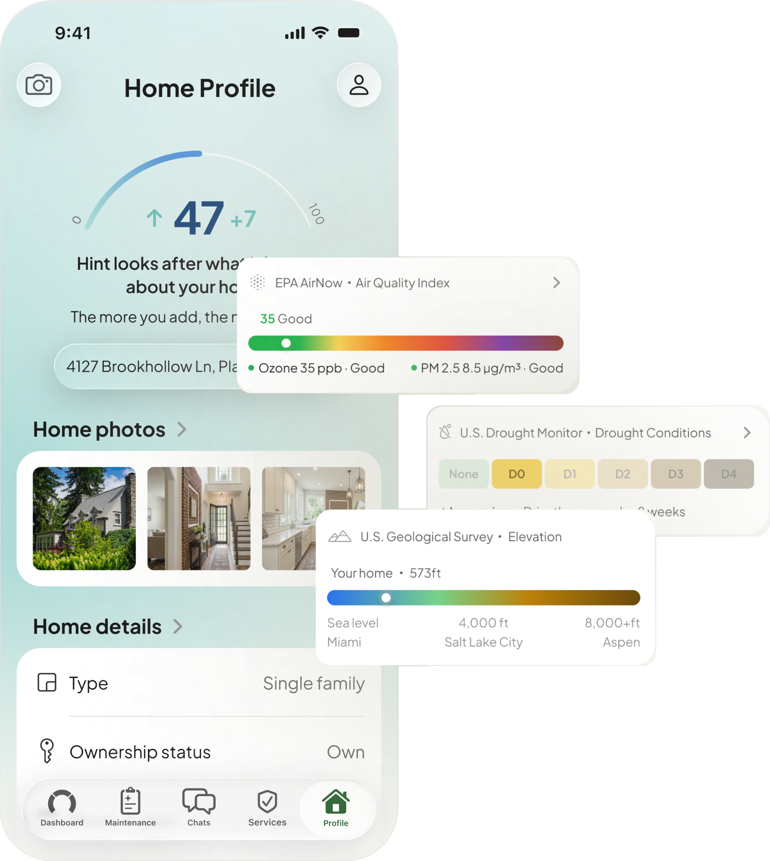 HINT Home Profile on a phone with air quality, drought, and elevation cards